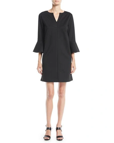 Joan Vass Plus Size Slit-neck 3/4 Bell Sleeve A-line Crepe Dress In Black