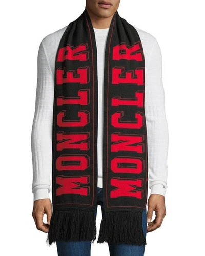 Moncler Men's Tricot Wool Logo Scarf W/ Fringe In Black
