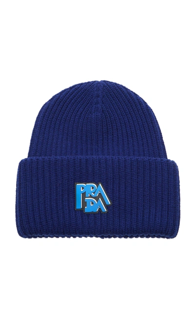Prada Logo-printed Rib-knit Beanie In Blue