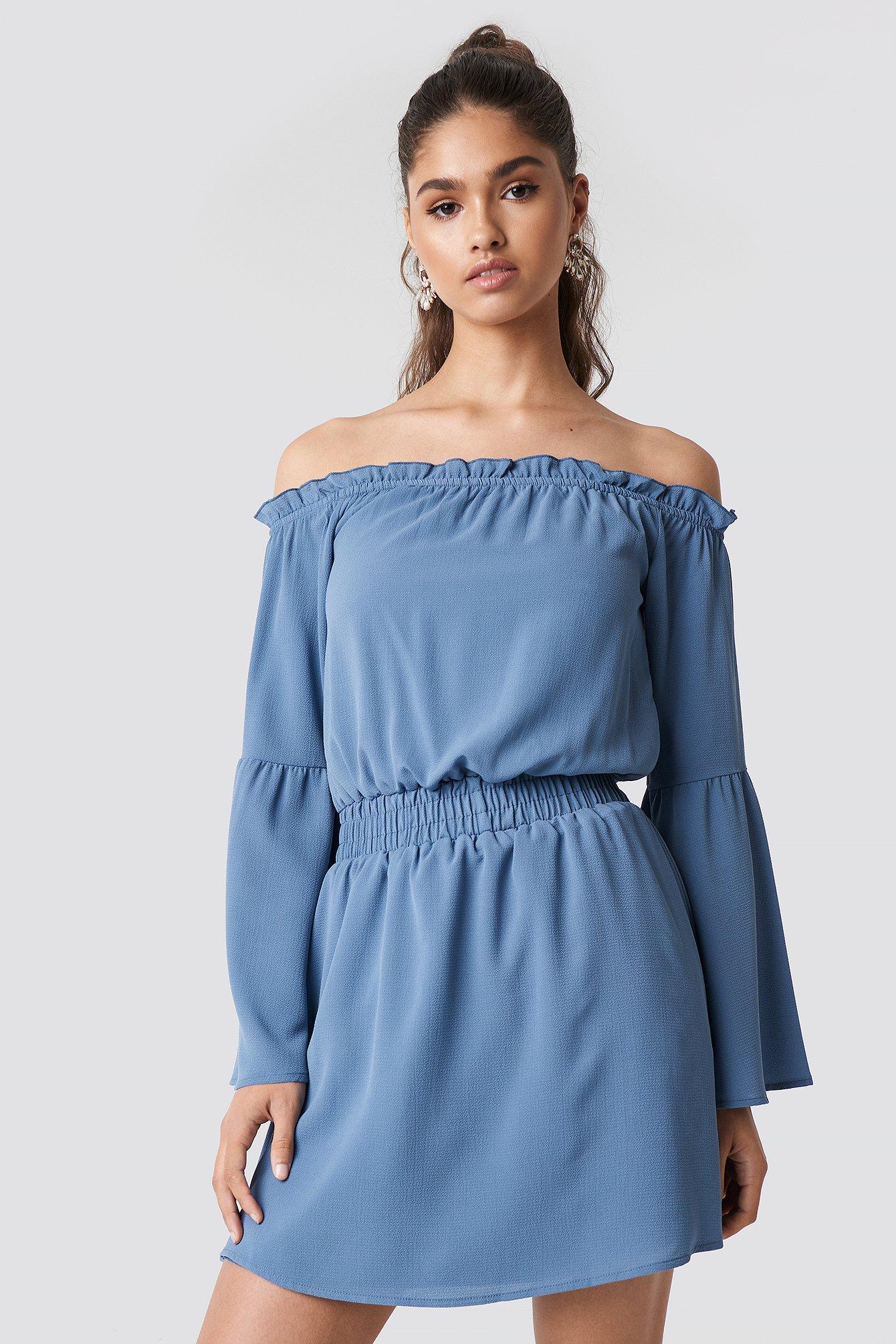 dusty blue off the shoulder dress