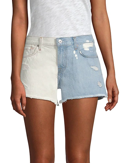 7 For All Mankind Colour-block Cutoff Denim Shorts In Cloud Sky In Mineral Desert Springs