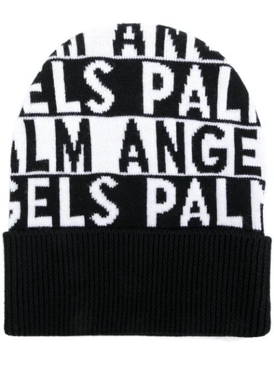 Palm Angels Logo Beanie In Black/white