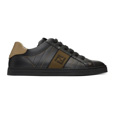 Fendi Men's Ff Embroidered Leather Low-top Trainers In Ner Nocciola Tab.ner