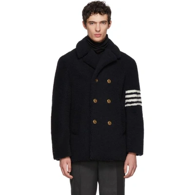 Thom Browne Unconstructed Classic Shearling Peacoat In Blue