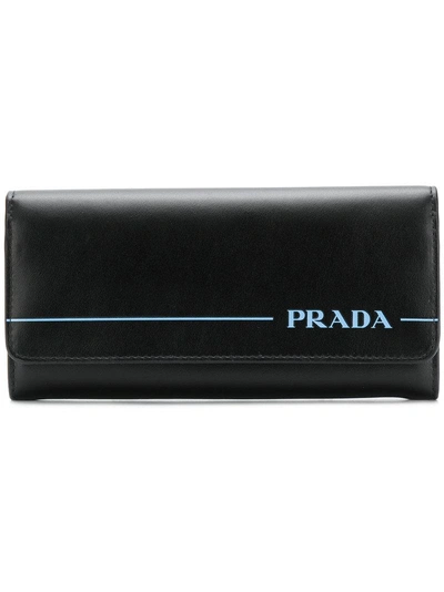 Prada Logo翻盖小牛皮钱包 In Black
