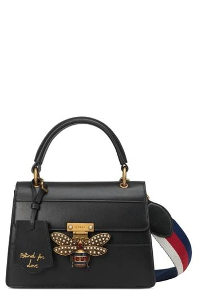 Gucci Queen Margaret Small Leather Top-handle Bag With Bee In Black Leather