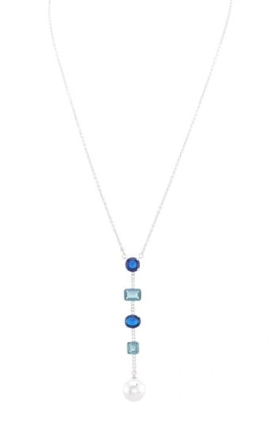 Nina Silver-tone Cubic Zirconia And Stone Bar & Disc Lariat Necklace, 17" + 3" Extender In Sapphire