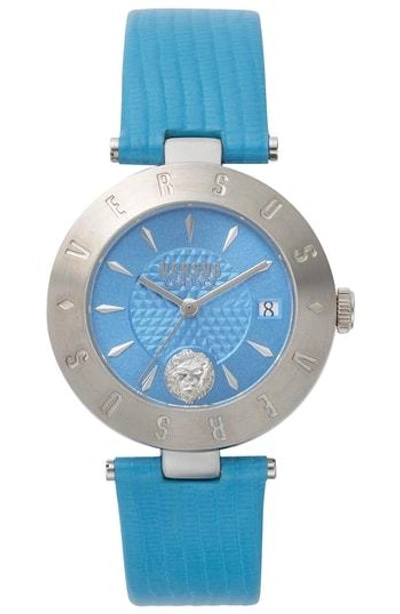 Versus Logo Leather Strap Watch, 34mm In Light Blue