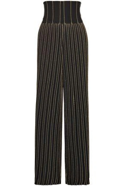 Balmain Woman Pleated Metallic Striped Stretch-knit Wide-leg Trousers Black