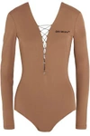 OFF-WHITE OFF-WHITE™ WOMAN LACE-UP APPLIQUÉD STRETCH-JERSEY BODYSUIT CAMEL,3074457345618910355