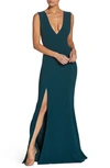 Dress The Population Sandra Plunging V-neck Sleeveless Crepe Gown In Pine