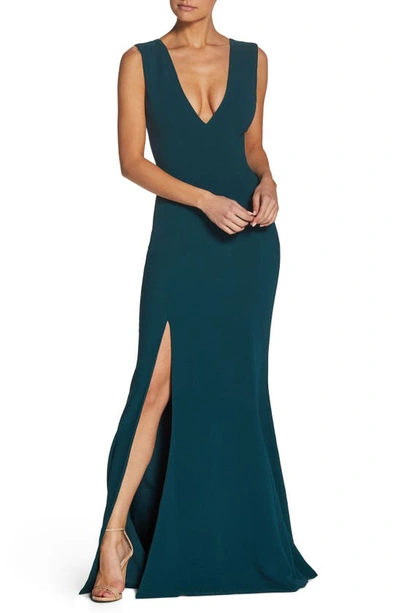 Dress The Population Sandra Plunging V-neck Sleeveless Crepe Gown In Green