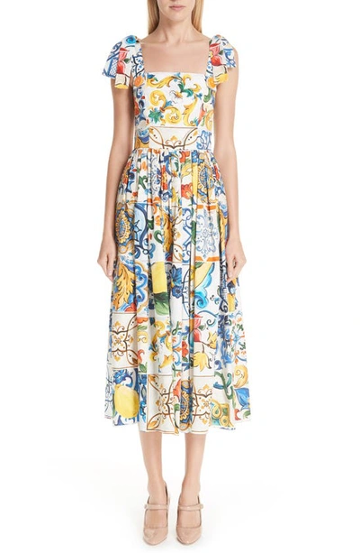 Dolce & Gabbana Sleeveless Tile-print Fit-and-flare Long Dress W/ Ties