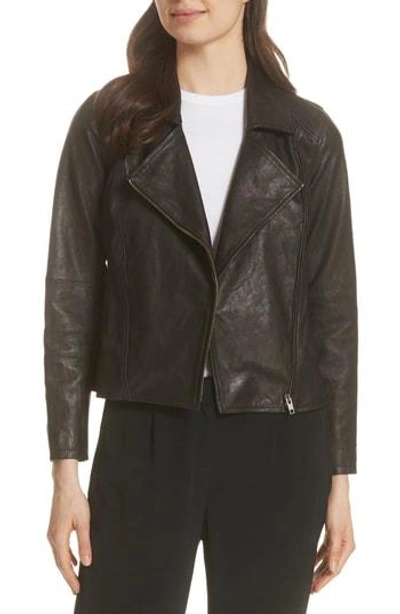 Eileen Fisher Leather Moto Zip Jacket In Black