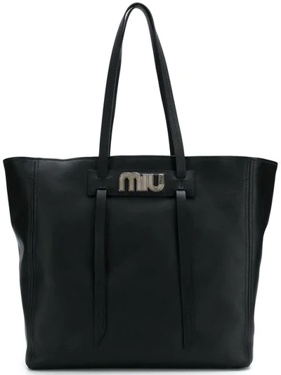 Miu Miu Logo Plaque Shopper Tote In Black