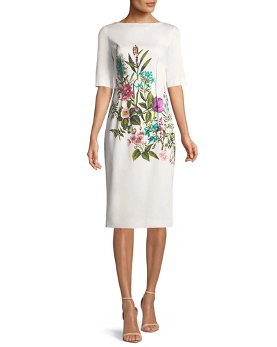 Lela Rose Claire Elbow-sleeve Floral-print Stretch-cotton Dress