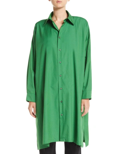 Eskandar Button-front A-line Long Cotton Shirt W/ Slits In Green