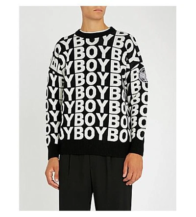 Boy London Logo Jacquard Wool Blend Knit Sweater In Black,white