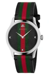 Gucci G-timeless Stainless Steel Stripe Web Strap Watch In Red /  / Black / Green