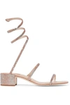 RENÉ CAOVILLA CLEO CRYSTAL-EMBELLISHED METALLIC SATIN AND LEATHER SANDALS