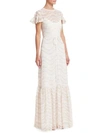 ML MONIQUE LHUILLIER Cap-Sleeve Ruffled Lace Gown