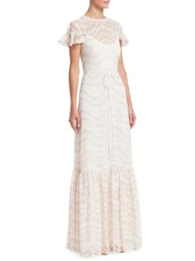 ml Monique Lhuillier Cap-sleeve Ruffled Lace Gown In Blush Multi