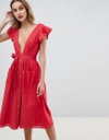 NEON ROSE BUTTON FRONT MIDI DRESS WITH FLUTTER SLEEVES - RED,NRDR395