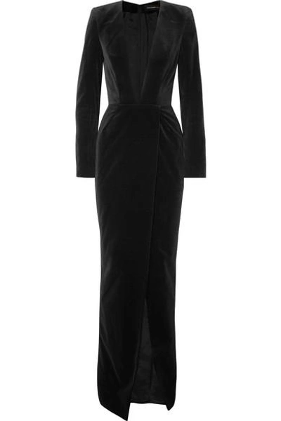 Alexandre Vauthier Plunging Long-sleeve Velvet Wrap Evening Gown In Black