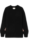 HILLIER BARTLEY SNAKE-EFFECT FAUX LEATHER-TRIMMED RIBBED CASHMERE SWEATER