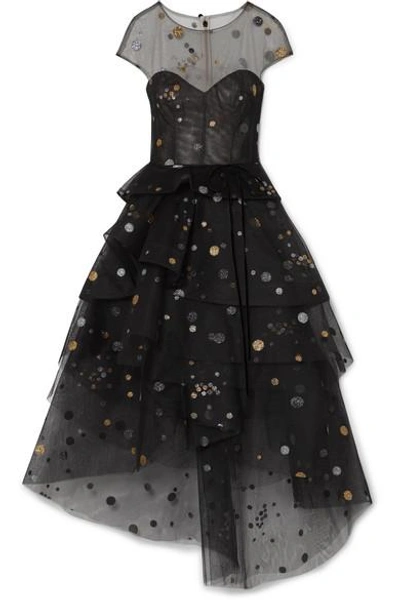 Monique Lhuillier Asymmetric Tiered Glittered Tulle Midi Dress In Black
