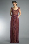 BASIX BLACK LABEL BURGUNDY CAP SLEEVE EMBROIDERED EVENING GOWN,D8237L