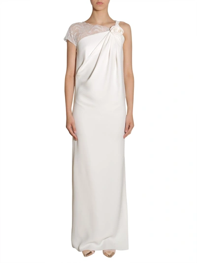 Lanvin Chantilly Lace & Silk Cady Long Dress In Bianco