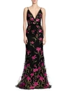MARCHESA NOTTE Floral Embroidered Feather Trim Gown