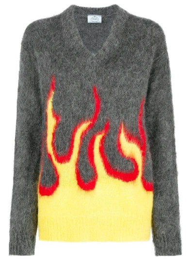 Prada Flame-intarsia Mohair-blend Sweater In Grey
