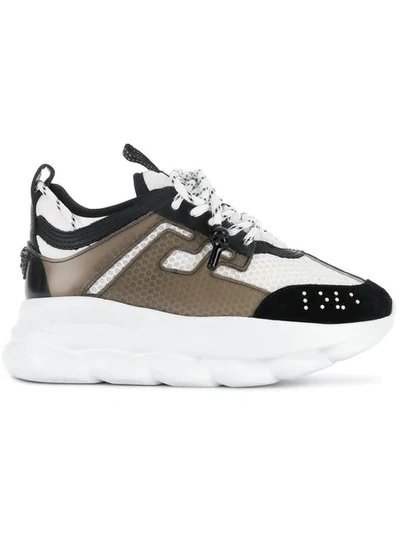 Versace Chain Reaction Logo Mesh Sneakers In White,black,grey