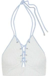 JONATHAN SIMKHAI JONATHAN SIMKHAI WOMAN LACE-UP PINSTRIPED HALTERNECK BIKINI TOP WHITE,3074457345619041784