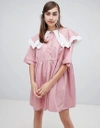 SISTER JANE SISTER JANE SMOCK DRESS WITH DOUBLE LAYER BIB AND CONTRAST LACE TRIM - PINK,DR950PNK