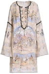 ANNA SUI ANNA SUI WOMAN LACE-UP PRINTED SILK-BLEND FIL COUPÉ MINI DRESS BABY PINK,3074457345619182315