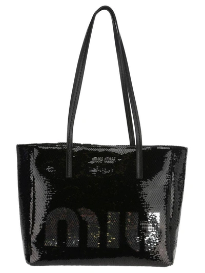 Miu Miu Shopping Logo Pailettes In Nero + Argento