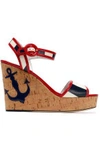 Dolce & Gabbana Woman Appliquéd Striped Faux Patent-leather And Cork Wedge Sandals White In White