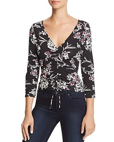 Guess Erie Ruched Drawstring Floral Top In Magnolia Night Print Jet Black