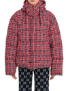 Gucci Tweed Hooded Puffer Jacket In Rosso