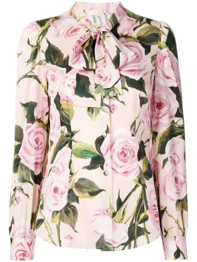 Dolce & Gabbana Floral-print Silk-charmeuse Pussy-bow Blouse In Pink