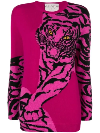 Valentino Tiger-intarsia Crewneck Cashmere Sweater In Disco Pink