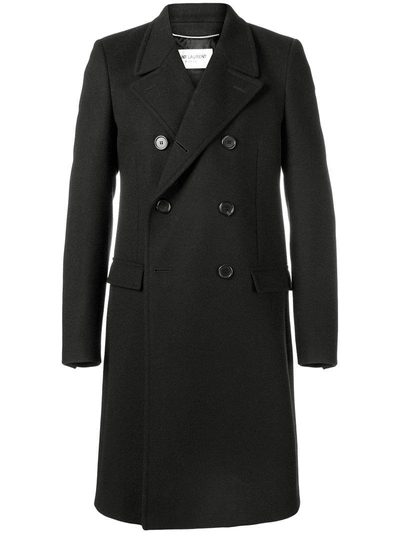 Saint Laurent Black Double Breasted Wool Overcoat