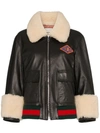 GUCCI LOGO PATCH SHEARLING TRIM LEATHER BOMBER JACKET