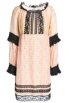 ANNA SUI ANNA SUI WOMAN LACE-TRIMMED PRINTED COTTON AND SILK-BLEND MINI DRESS BEIGE,3074457345619181150