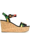 DOLCE & GABBANA WOMAN PRINTED PATENT-LEATHER WEDGE PLATFORM SANDALS BLACK,GB 14693524283771823