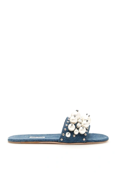 Miu Miu 10mm Crystals & Denim Slide Sandals In Blue