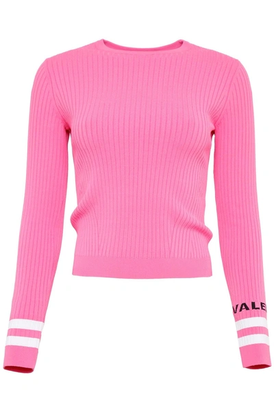 Valentino Logo-intarsia Striped Stretch-knit Sweater In Rosa